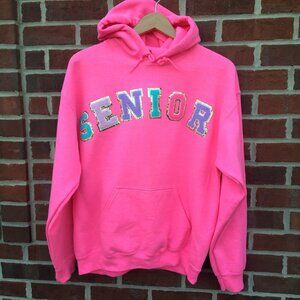 Senior Graduate Spellout Chenille Letter Hoodie Sweatshirt Pink Medium